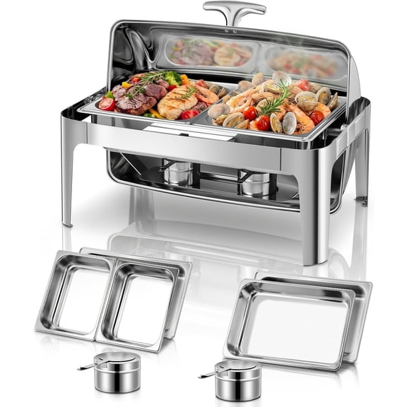 9.5QT Roll Top Chafing Dish Buffet Set, Stainless Steel Warmer with Interchangeable 1 Full-Size Pan or 2 Half-Size Pans, Includes Water Pan for Wedding, Banquet, Parties & Family Gatherings