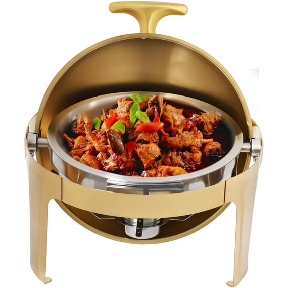 9.5QT Round Chafing Dish Buffet Set,Gold Roll Top Stainless Steel Buffet Warmer Chafers with Food/Water Pan for Catering Events Parties Weddings Dinners (9.5QT - Invisible)