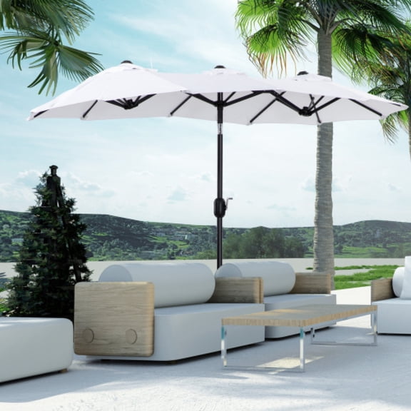 9.5ft Double-Sided Patio Umbrella, Push Button Tilt & Crank Outdoor Market Umbrella, 12 Ribs 3 Air Vents, UV Protection Large Shade Umbrella for Garden Deck Pool, White