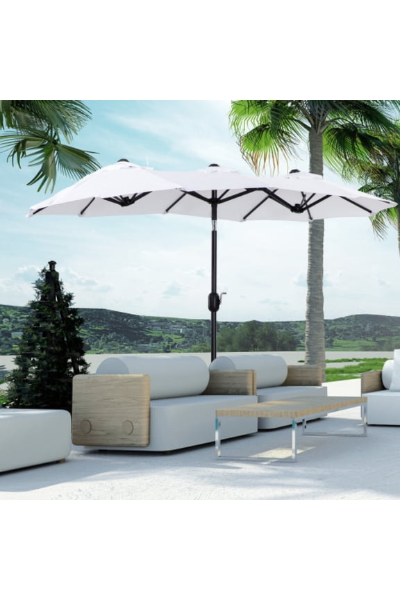 9.5ft Double-Sided Patio Umbrella, Push Button Tilt & Crank Outdoor Market Umbrella, 12 Ribs 3 Air Vents, UV Protection Large Shade Umbrella for Garden Deck Pool, White