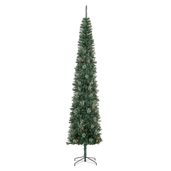 9.5ft Slim Pencil Christmas Tree, Unlit Artificial Xmas Tree with Pine Cones & Metal Base, Realistic Branches, Green, Indoor Holiday Decor