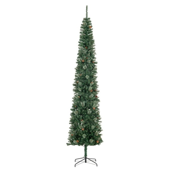 9.5ft Slim Pencil Christmas Tree, Unlit Xmas Tree with Pine Cones & Metal Base, Realistic Branches, Indoor Holiday Dcor
