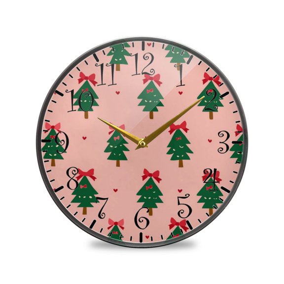 9.5in Acrylic Wall Clock with Glass-like Finish Round Clock for Home Decoration Green Trees and Red Bows