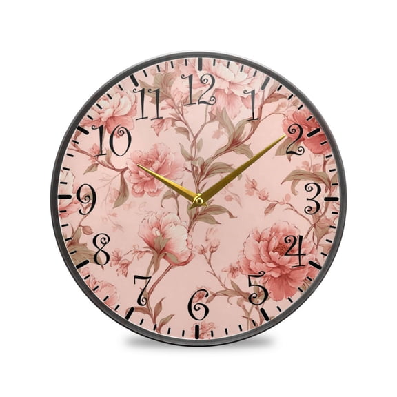 9.5in Acrylic Wall Clock with Glass-like Finish Round Clock for Home Decoration Pink Flowers