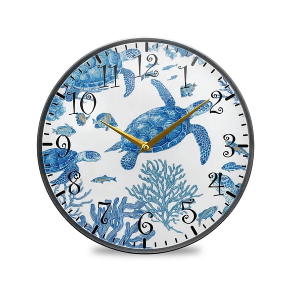 9.5in Acrylic Wall Clock with Glass-like Finish Round Clock for Home Decoration Sea Turtles and Coral Reefs