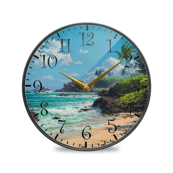 9.5in Acrylic Wall Clock with Glass-like Finish Round Clock for Home Decoration Serene Beach Scene