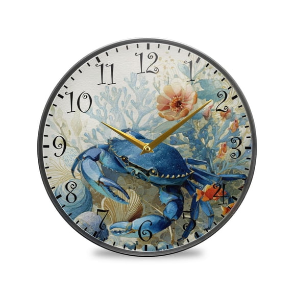 9.5in Acrylic Wall Clock with Glass-like Finish Round Clock for Home Decoration Blue Crab and Shells
