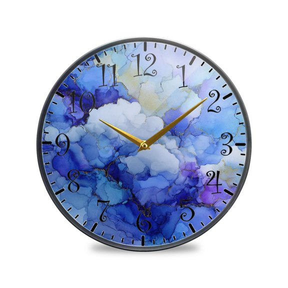 9.5in Acrylic Wall Clock with Glass-like Finish Round Clock for Home Decoration Blue Ink Clouds