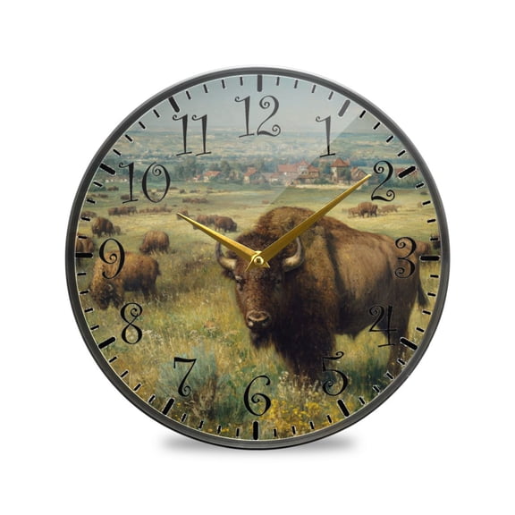 9.5in Acrylic Wall Clock with Glass-like Finish Round Clock for Home Decoration Buffalo Herd Oil Painting