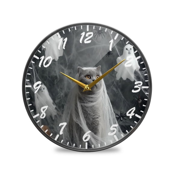 9.5in Acrylic Wall Clock with Glass-like Finish Round Clock for Home Decoration Cat Dressed in White Gauze