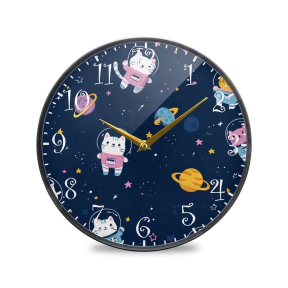9.5in Acrylic Wall Clock with Glass-like Finish Round Clock for Home Decoration Cats in Space Suits