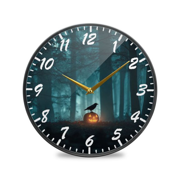 9.5in Acrylic Wall Clock with Glass-like Finish Round Clock for Home Decoration Crow Perched on Pumpkin Lantern
