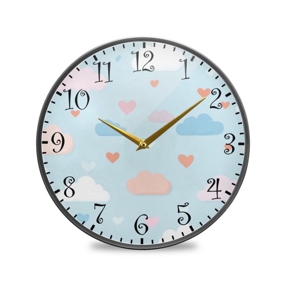 9.5in Acrylic Wall Clock with Glass-like Finish Round Clock for Home Decoration Cute Clouds and Hearts Pattern