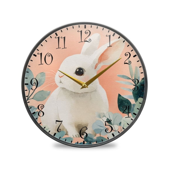 9.5in Acrylic Wall Clock with Glass-like Finish Round Clock for Home Decoration Cute White Rabbit
