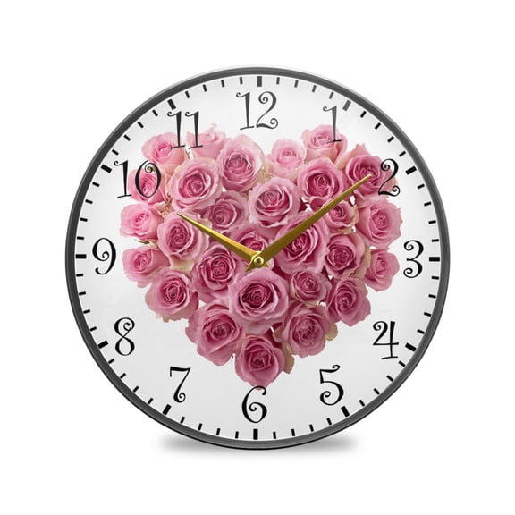 9.5in Acrylic Wall Clock with Glass-like Finish Round Clock for Home Decoration Heart-shaped Roses Arrangement