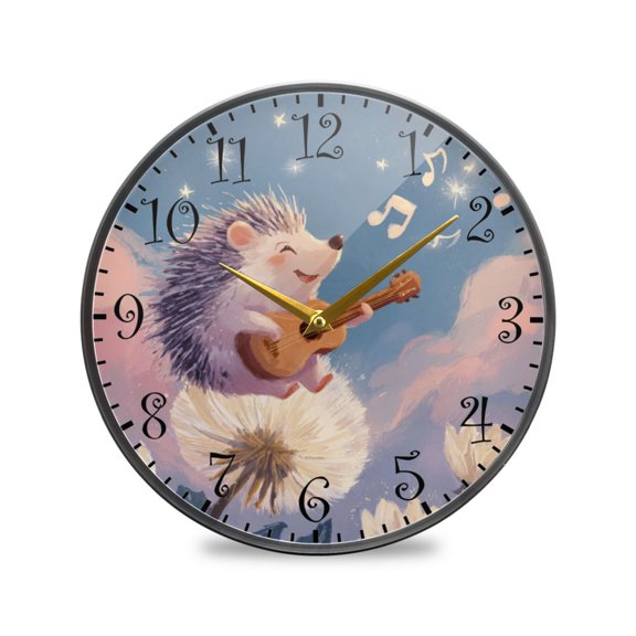 9.5in Acrylic Wall Clock with Glass-like Finish Round Clock for Home Decoration Hedgehog Playing The Violin
