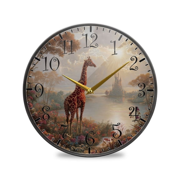 9.5in Acrylic Wall Clock with Glass-like Finish Round Clock for Home Decoration Oil Painting Of Giraffe