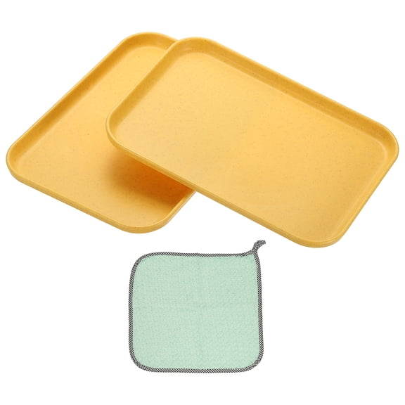 9.5x6.9" Rectangular Plates, 2 Pack Wheat Plastic Dinner Plates Dishes Reusable Unbreakable Dessert Plate Trays with Cloth for Cake Fruits Salad Cupcake Steak Serving Yellow