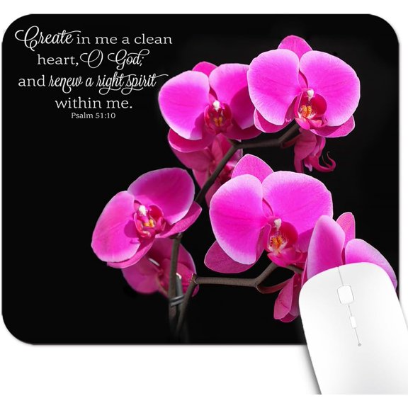 9.5x7.9 Inch Office/Gaming Mouse Pad, Create in Me a Clean Heart Christian Bible Verse Scripture, Vibrant Pink Orchids with Inspirational Quote Cute Anti-Slip Mat for Desk