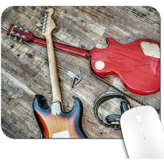 9.5x7.9 Inch Office/Gaming Mouse Pad, Electric Guitars and Headphones Rustic Wooden Floor Cute Anti-Slip Mat for Desk