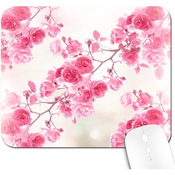 9.5x7.9 Inch Office/Gaming Mouse Pad, Pink Rose Blossom Romantic Floral Flowers Garden, Cute Anti-Slip Mat for Desk Decor