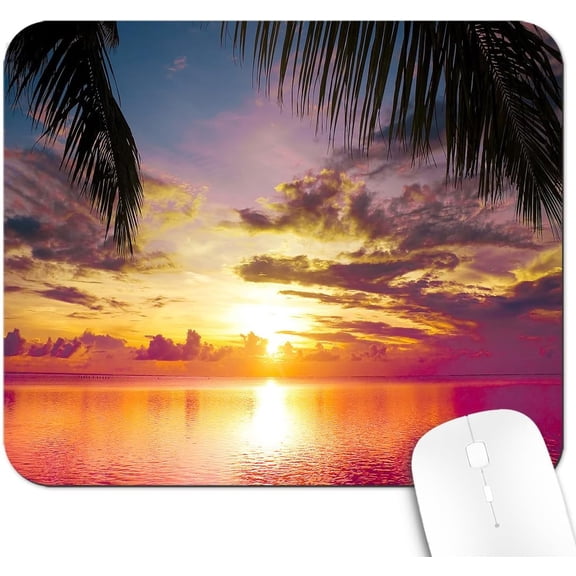 9.5x7.9 Inch Office/Gaming Mouse Pad, Tropical Paradise Serene Beach Sunset Over Ocean Palm Tree, Cute Anti-Slip Mat for Desk Decor