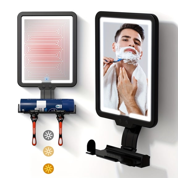 9.5x7" Heated Fog-Free Shower Mirror, 3-Color LED Dimmable, Brightness Memory, Detachable Shaving Mirror with Razor Holders & Foam Base, Overheating Protection, Smart Temperature Control