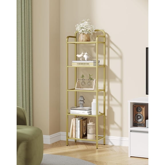 9.6"D x15.4"W x55.9"H Gold Tall Narrow Bookshelf, Tempered Glass Display Shelf with Builtin Lights & Steel Frame, Slim Storage Unit for Living Room Bedroom Home Decor