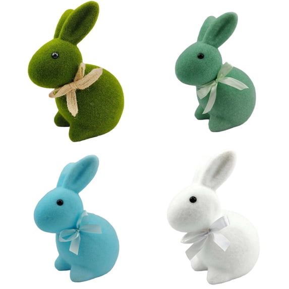 9.6-Inch Colorful Flocked Bunny Figurine with Bow Tie, 4 PCS Spring Easter Table Centerpiece Decor for Home, Party, or Office, Indoor Festive Bunny Decoration for Mantel and Tabletop