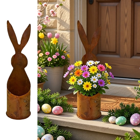 9.6 Inch Easter Metal Bunny Shaped Planter, Vintage Bunny Flower Pots, Outdoor Decorations, for Spring Holiday Garden Yard Patio Porch Rustic Farmhouse Home Decor