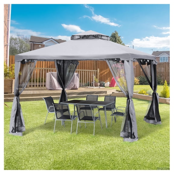 9.6' Patio Gazebo, Outdoor Canopy Shelter with Netting, Steel Frame for Garden, Lawn, Backyard - Gray