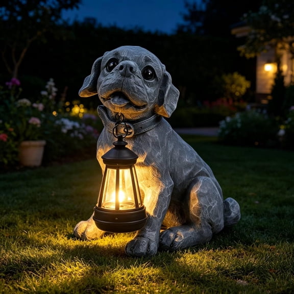 9.6" Solar Garden Outdoor Dog Statue - Garden Decorations Dogs Statue with Lantern, Waterproof Led Lights Yard Decor Figurine Birthday Gifts for Women Mom Dog Lovers for Patio Balcony Lawn