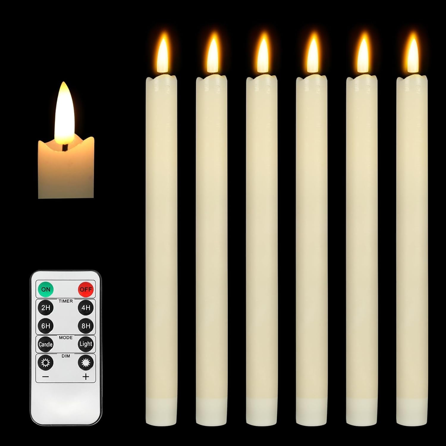 9.6 Tall LED Flameless Ivory White Taper Candles Flickering, Remote