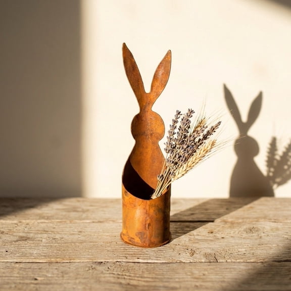 9.6" Vintage Rusty Metal Bunny Planter, Small Iron Rabbit Silhouette Flower Pot for Succulents, Rustic Garden & Patio Easter Decoration