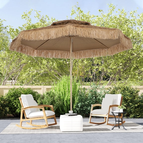 9.6 ft 2-Tier Tiki Thatched Patio Umbrella, Tropical Straw Parasol with UPF30+ Sun Protection, for Backyard, Poolside & Deck