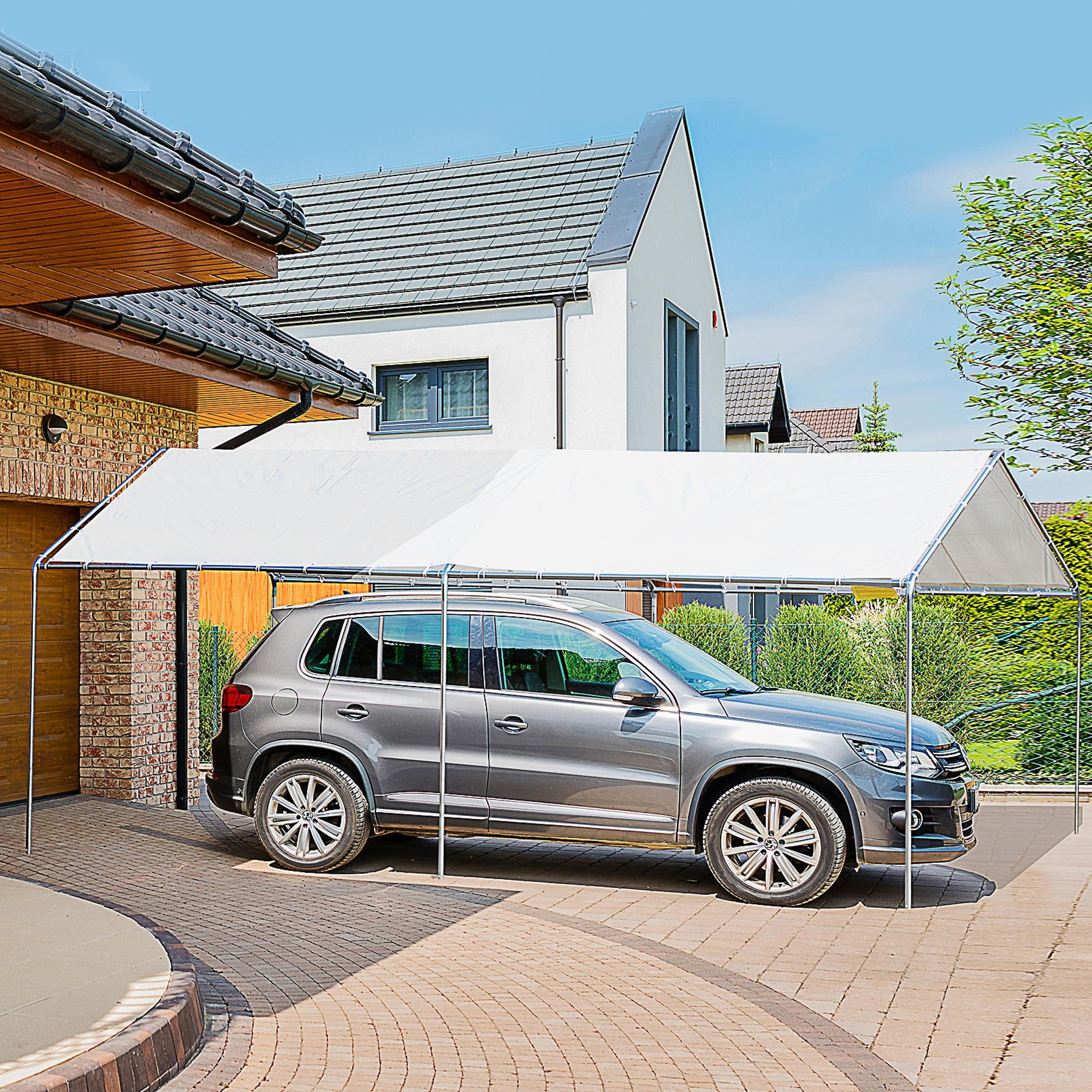 9.6' x 19.5' Carport Heavy Duty Galvanized Car Canopy w/ Included Anchor Kit, 3 Reinforced Steel Cables, White