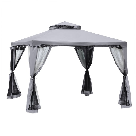 9.6' x 9.6' Gray Patio Gazebo with 2-Tier Roof & Netting, Outdoor Canopy Shelter for Garden, Deck & Backyard - 93 Sq Ft Shade Coverage