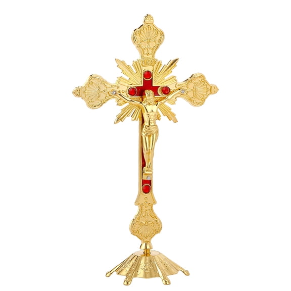 9.65" Alloy Crucifix Table Standing Crucifix Spiritual Christian Jerusalem Golden Statue with Base