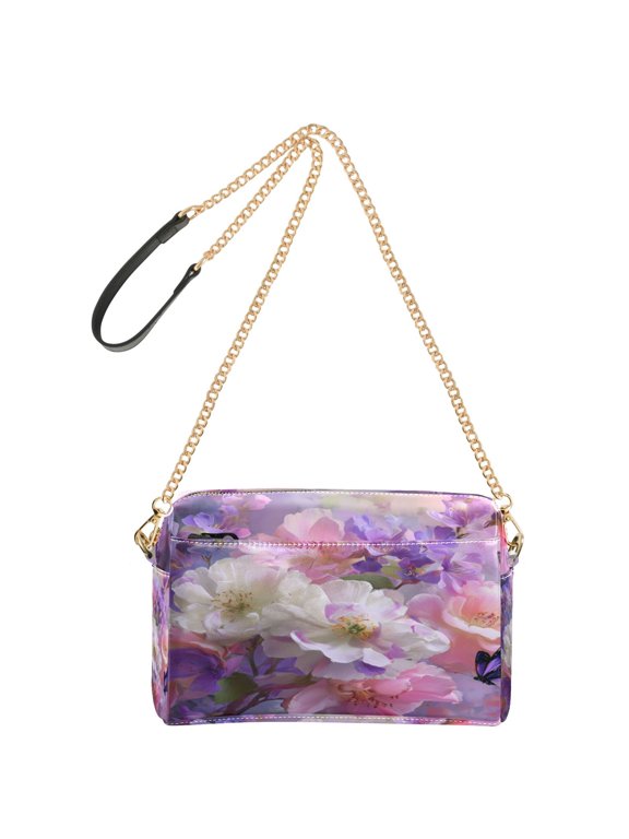 9.65"x3.35"x6.3"PU Leather Women Crossbody Purse, Waterproof Casual Chain Shoulder Bag with Multi Pockets for Travel Daily Use Beautiful Spring Flowers