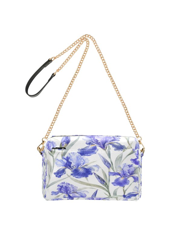 9.65"x3.35"x6.3"PU Leather Women Crossbody Purse, Waterproof Casual Chain Shoulder Bag with Multi Pockets for Travel Daily Use Blue Iris Floral Pattern