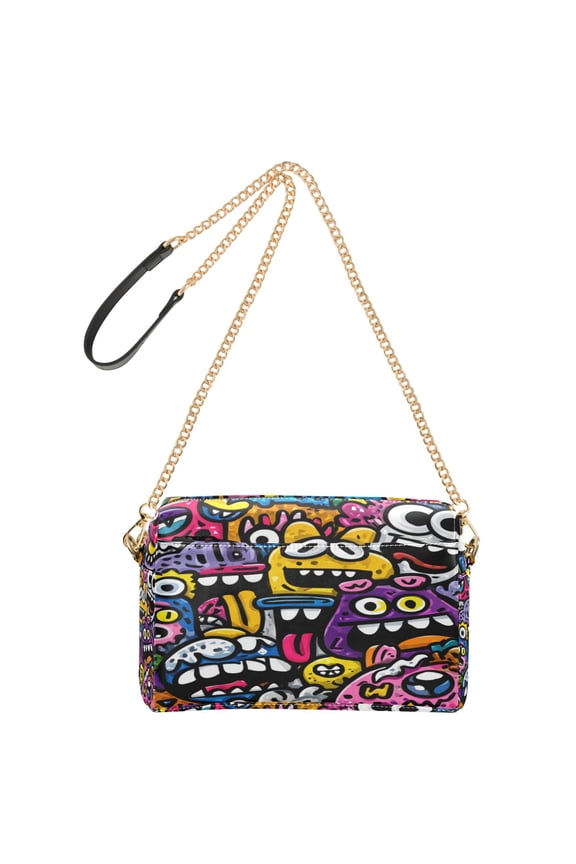 9.65"x3.35"x6.3"PU Leather Women Crossbody Purse, Waterproof Casual Chain Shoulder Bag with Multi Pockets for Travel Daily Use Colorful Cartoon Monsters