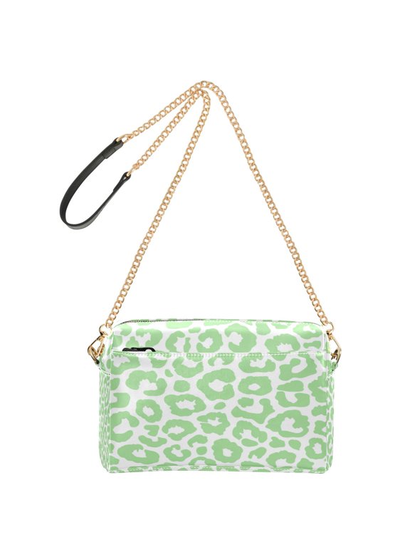 9.65"x3.35"x6.3"PU Leather Women Crossbody Purse, Waterproof Casual Chain Shoulder Bag with Multi Pockets for Travel Daily Use Light Green White Leopard Pattern