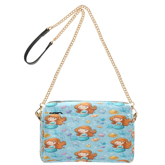 9.65"x3.35"x6.3"PU Leather Women Crossbody Purse, Waterproof Casual Chain Shoulder Bag with Multi Pockets for Travel Daily Use Little Mermaids and Seashells