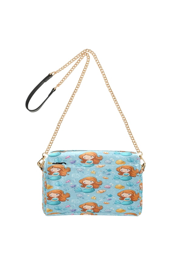 9.65"x3.35"x6.3"PU Leather Women Crossbody Purse, Waterproof Casual Chain Shoulder Bag with Multi Pockets for Travel Daily Use Little Mermaids and Seashells