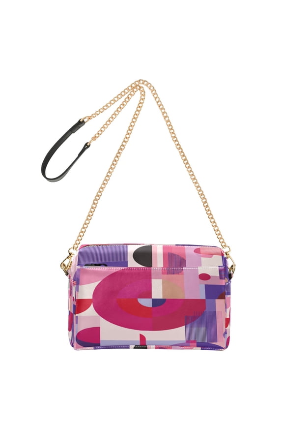 9.65"x3.35"x6.3"PU Leather Women Crossbody Purse, Waterproof Casual Chain Shoulder Bag with Multi Pockets for Travel Daily Use Pink and Purple Record Pattern