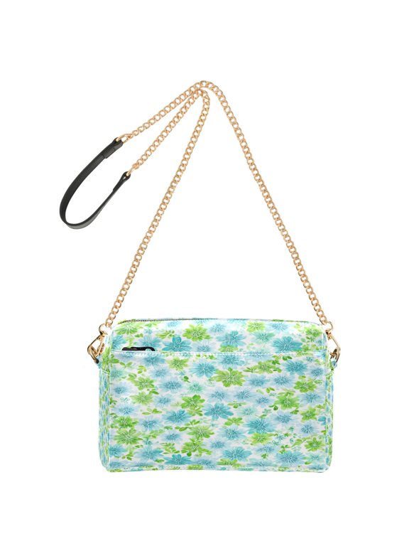 9.65"x3.35"x6.3"PU Leather Women Crossbody Purse, Waterproof Casual Chain Shoulder Bag with Multi Pockets for Travel Daily Use Spring Blue Green Floral Print
