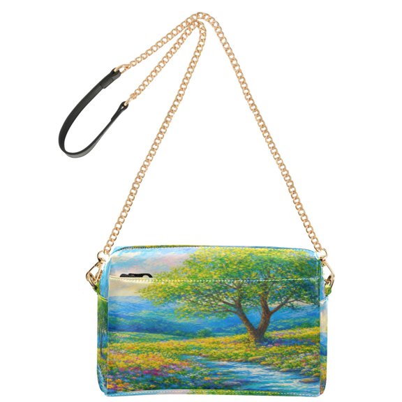 9.65"x3.35"x6.3"PU Leather Women Crossbody Purse, Waterproof Casual Chain Shoulder Bag with Multi Pockets for Travel Daily Use Spring Tree Stream Landscape