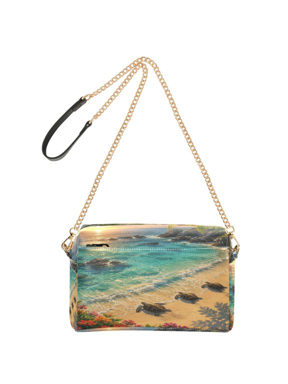 9.65"x3.35"x6.3"PU Leather Women Crossbody Purse, Waterproof Casual Chain Shoulder Bag with Multi Pockets for Travel Daily Use Tropical Shore Sunset Turtles