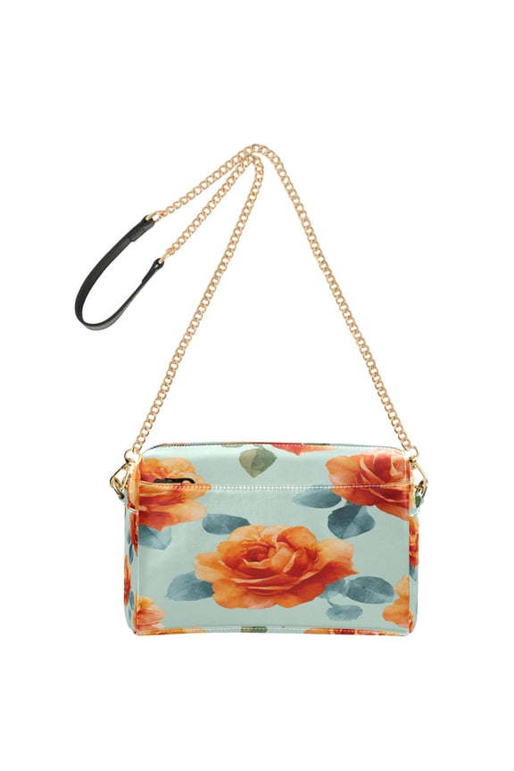 9.65"x3.35"x6.3"PU Leather Women Crossbody Purse, Waterproof Casual Chain Shoulder Bag with Multi Pockets for Travel Daily Use Yellow-orange Roses Pattern