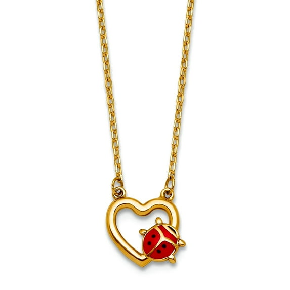 9.65mm 14k Solid Yellow Gold Polished Enameled Lady Bug With Love Heart Necklace 17 Inch Pendant Necklace for Women